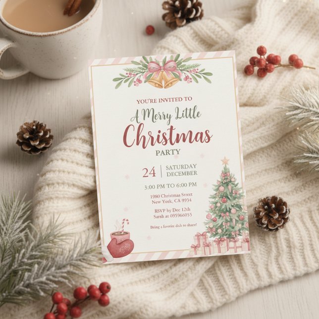 Convite de Sininhos de Natal Rosa Elegante (Elegant Pink Christmas Bells Invitation)