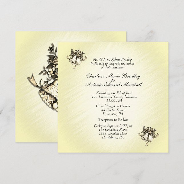 Convite de Sino de Casamento Amarelo (Frente/Verso)