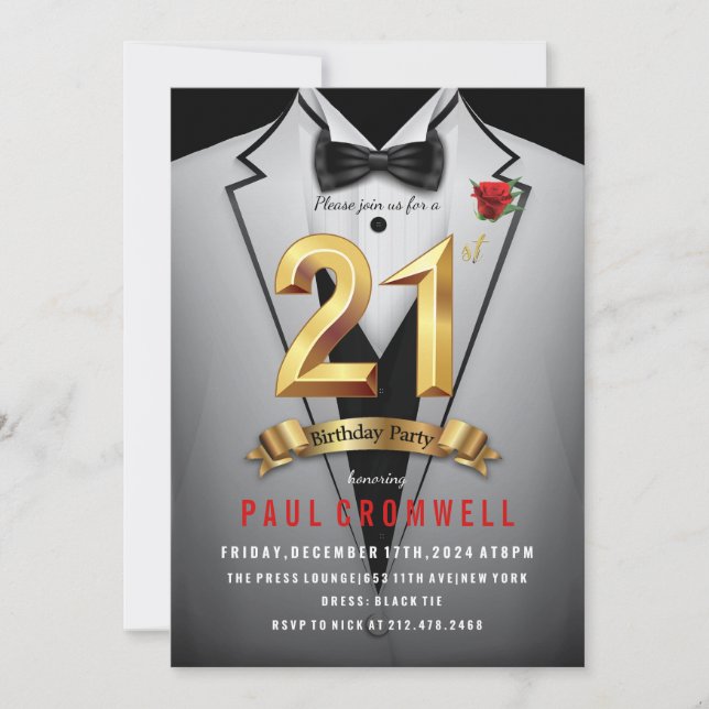 Convite de Smoking para Aniversário de 21 Anos (Frente)