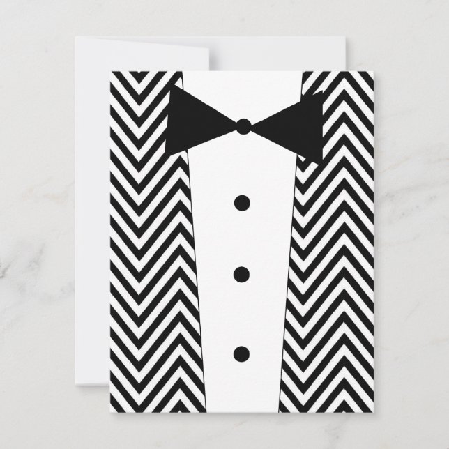 Convite de Smoking Preto e Branco Chevron (Frente)