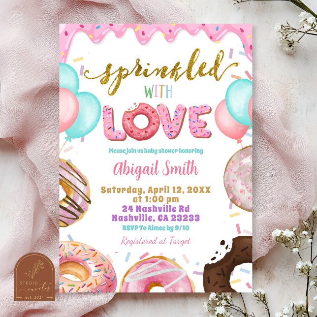 Convite de Sprinkle de Bebê Donuts Rosa Pastel (Criador carregado)