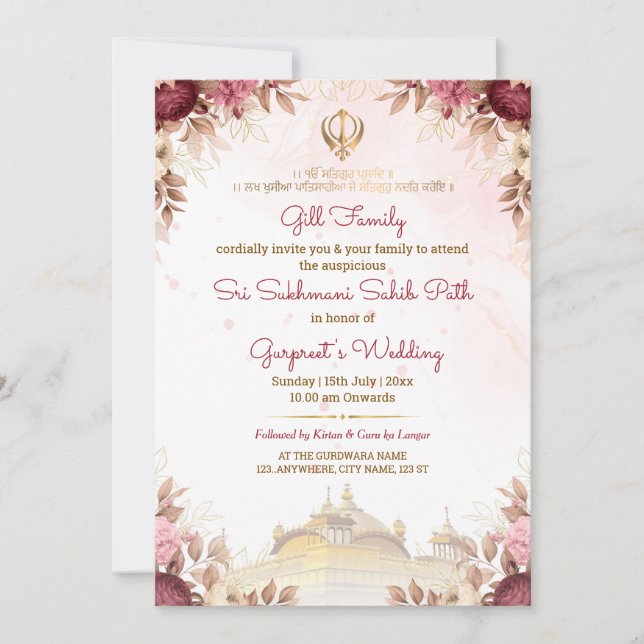 Convite de Sri Sukhmani Sahib Path & Casamento Ele (Frente)