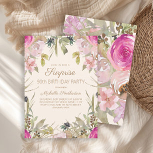 Convite de Surpresa de 90 Anos de Flores Rosa Roxo
