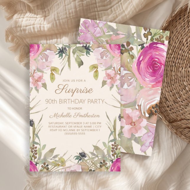 Convite de Surpresa de 90 Anos de Flores Rosa Roxo (Elegant pink watercolor floral Surprise 90th birthday party invitation)