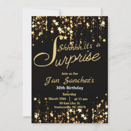 Convite de surpresa em preto e ouro com QR rsvp