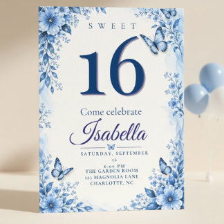 Convite de Sweet 16 Borboleta Azul Floral Aniversá
