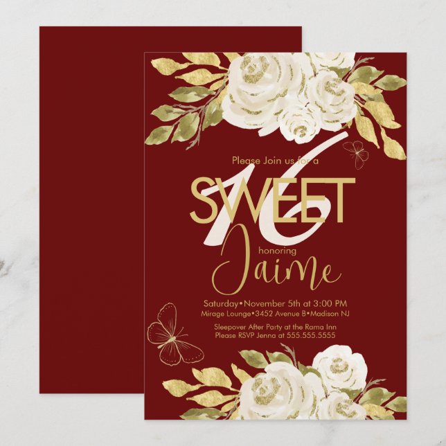 Convite de Sweet 16 com Monograma Rosa Floral Marf (Frente/Verso)