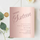Convite de Sweet 16 com orçamento em escrita em do<br><div class="desc">Convite moderno para Sweet 16. Fundo gradiente em rosa dourado e a palavra Dezesseis escrita com letras grandes. Personalize e adicione um nome e detalhes da festa.</div>