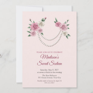 Convite de Sweet 16 de Colar de Pérolas e Rosas Ro