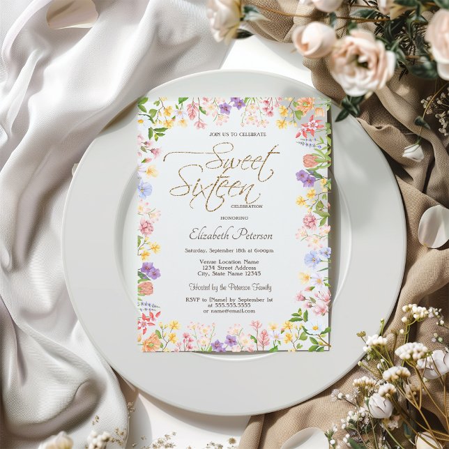 Convite de Sweet 16 de Flores Silvestres em Moldur (Criador carregado)