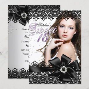 Convite de Sweet 16 de Foto com Renda Roxa Preta P