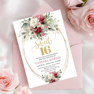 Convite de Sweet 16 Floral Vermelho Dourado Modern