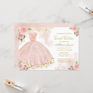 Convite de Sweet 16 Folha Dourada Vestido Rosa Blu