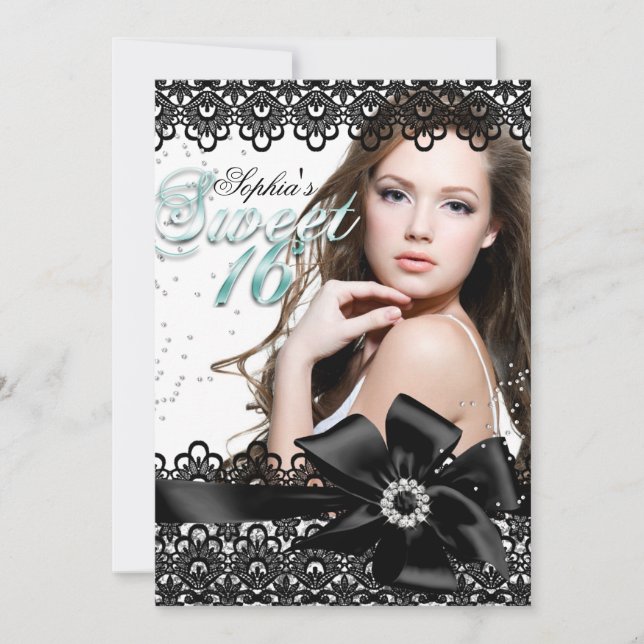 Convite de Sweet 16 Foto em renda de Jade Preto Pr (Frente)