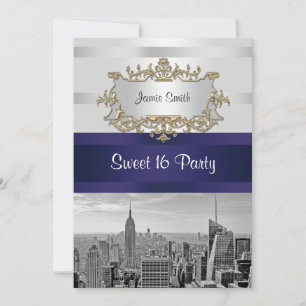 Convite de Sweet 16 NYC Skyline BW 05 Branco Navy 