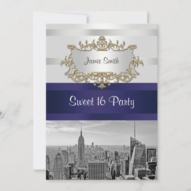 Convite de Sweet 16 NYC Skyline BW 05 Branco Navy  (Frente)