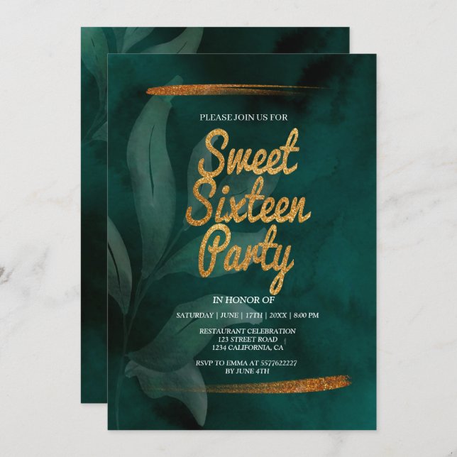 convite de sweet 16 verde esmeralda moderno e folh (Frente/Verso)