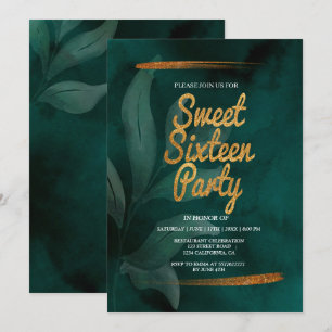 convite de sweet 16 verde esmeralda moderno e folh