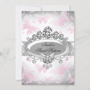 Convite de Sweet Sixteen Borboleta Prata e Rosa
