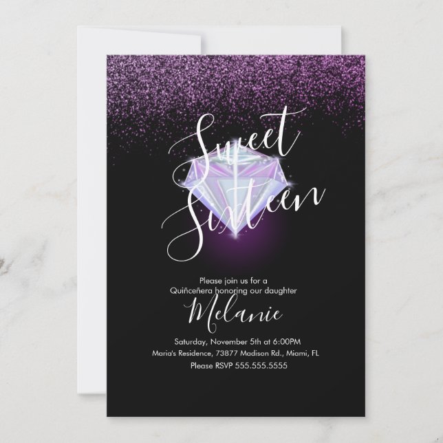 Convite de Sweet Sixteen com Falso Diamante Roxo (Frente)
