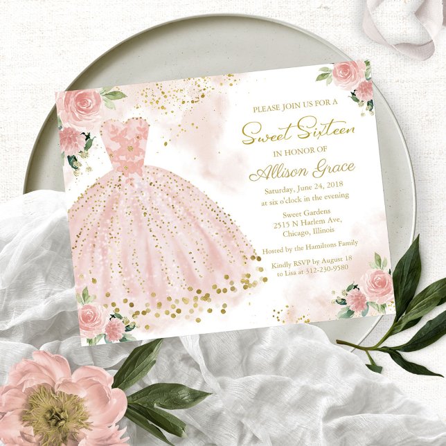Convite de Sweet Sixteen com Vestido Rosa Dourado  (Criador carregado)