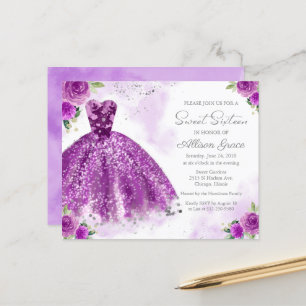 Convite de Sweet Sixteen de orçamento vestido roxo