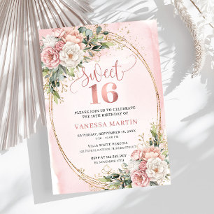 Convite de Sweet Sixteen Floral em Rose Gold com E
