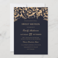 Convite de Sweet Sixteen Floral Navy Dourado Vinta