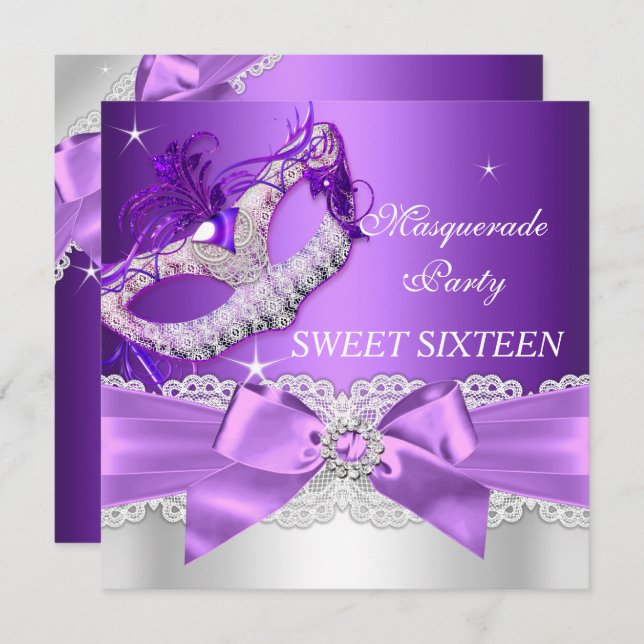 Convite de Sweet Sixteen Máscara de Arco Roxo (Frente/Verso)