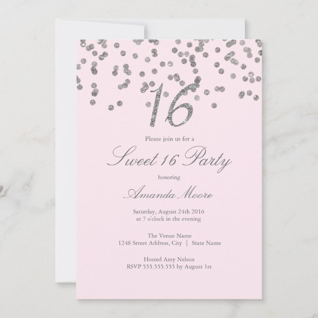 Convite de Sweet Sixteen Rosa com Confetes Pratead (Frente)