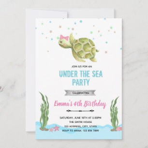 Convite de tartaruga menina debaixo do mar