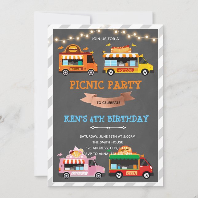 Convite de tema de aniversário de foodtrucks (Frente)