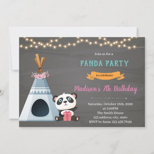 Convite de tema de aniversário de panda teepee (Frente)