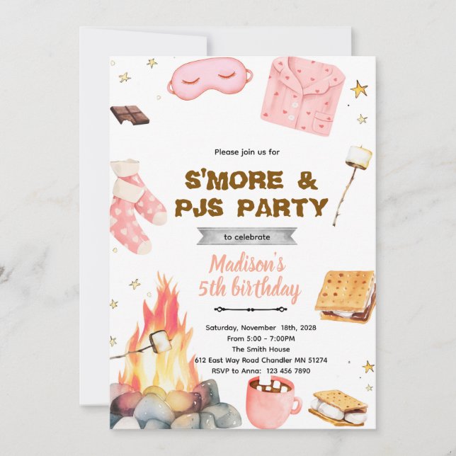 convite de tema de festa de pijama S'more (Frente)