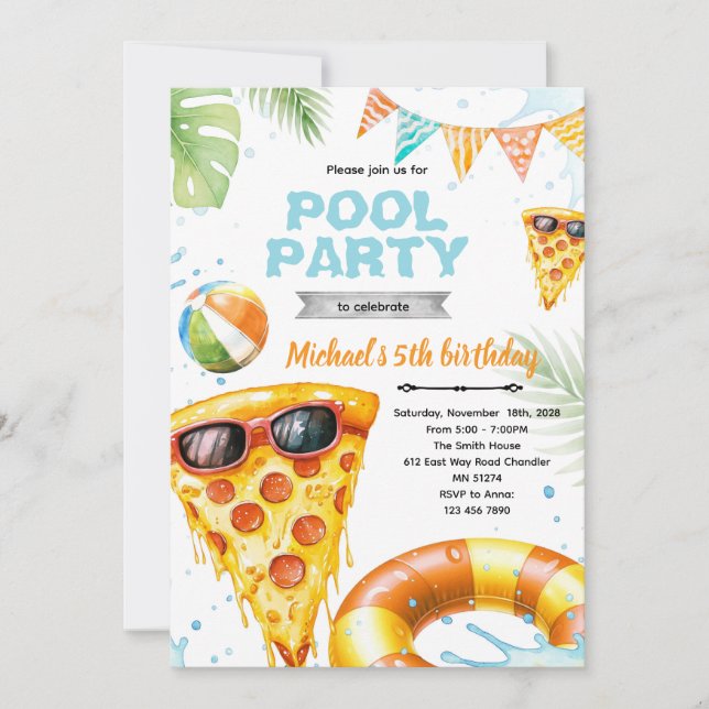 Convite de tema de festa de piscina de pizza fofa (Frente)