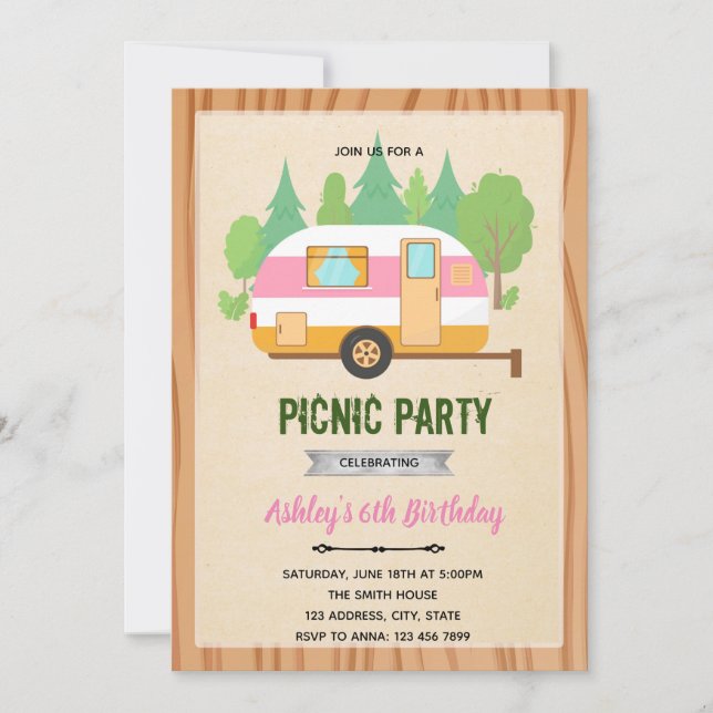 Convite de tema de piquenique glamping fofo (Frente)