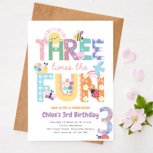 Convite de Terceiro Aniversário Menina, Três Vezes