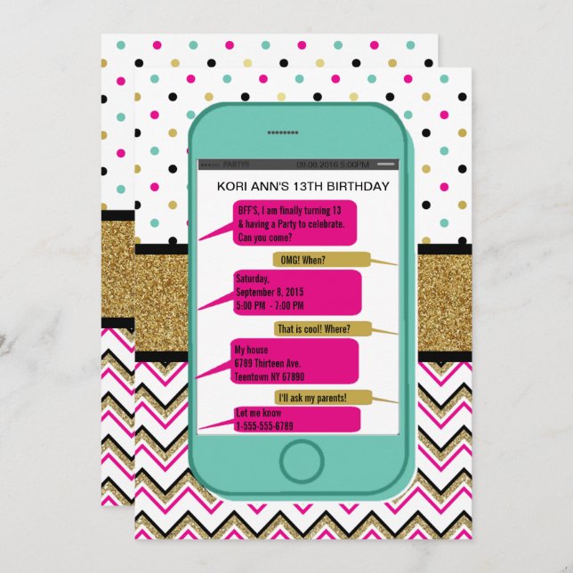 Convite de texto de telefone celular - Aniversário (Frente/Verso)