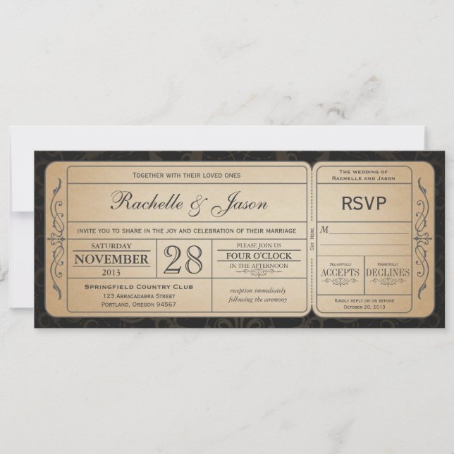 Convite de Tíquete de Casamento vintage com RSVP 2 (Frente)