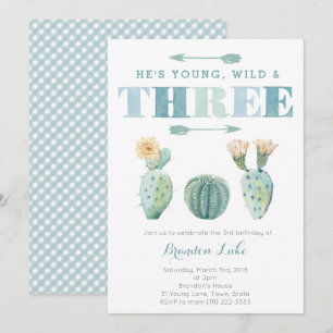 Convite De TRÊS cactos de aniversário de 3 anos partido