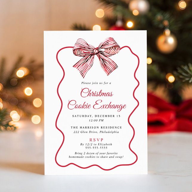 Convite de Trocas de Biscoitos de Natal com Laço C (Elegant Coquette Bow Christmas Cookie Exchange Invitation
)