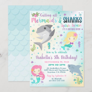 Convite de Tubarão Sereia Menino Menina Convite