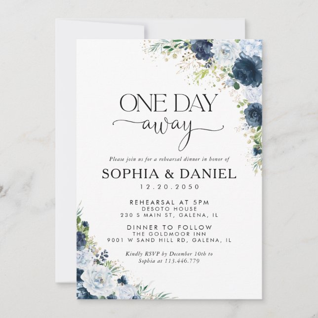 Convite de Um Dia para o Casamento Floral Azul Mar (Frente)