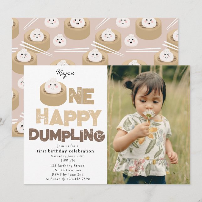 Convite de um Dumpling Feliz para 1º Aniversário F (Frente/Verso)