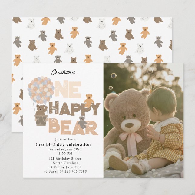 Convite de um Urso Feliz para 1º Aniversário Foto (Frente/Verso)