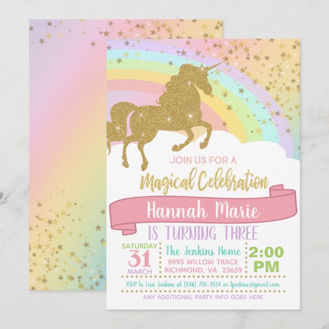 Convite de Unicórnio - Além do Arco-íris e Brilhos (Frente/Verso)