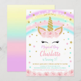 Convite de Unicórnio com Flores Cor-de-Rosa Arco-Í