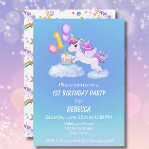 Convite de Unicórnio de 1º Aniversário com Bolo