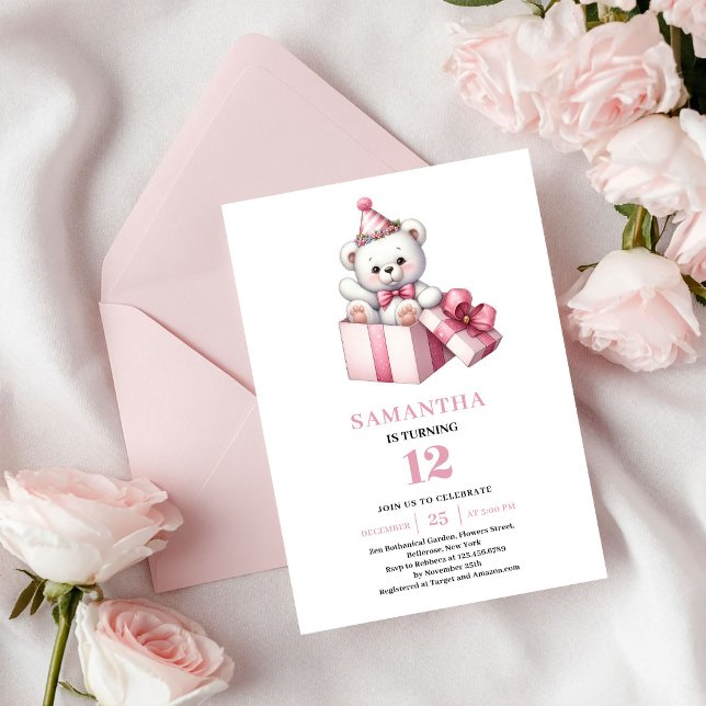 Convite de Urso de Pelúcia com Balão Rosa Fofo par (Cute Pink Girl Birthday Teddy Bear Balloon Invite)