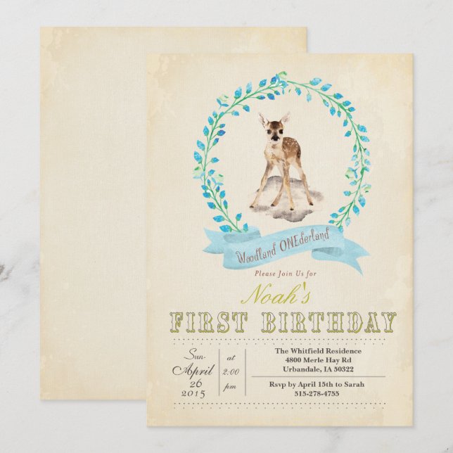 Convite de Veado Menino de Primeiro Aniversário (Frente/Verso)